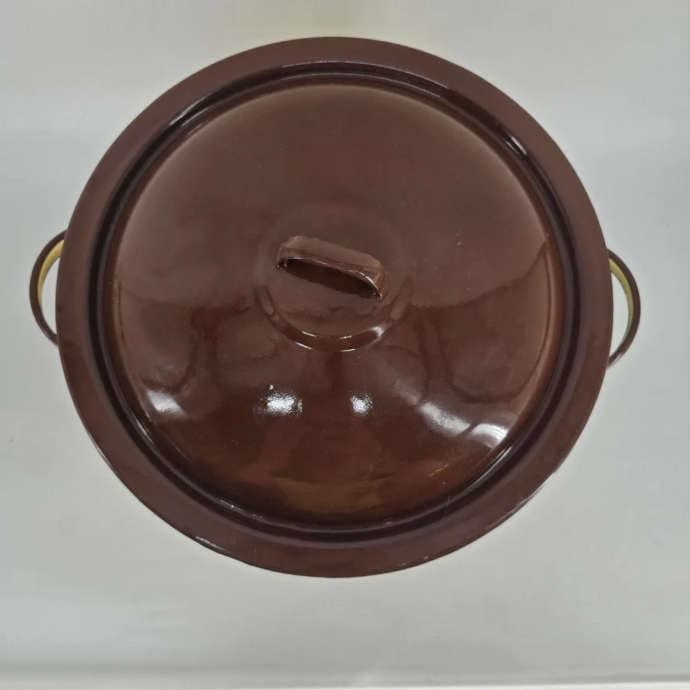Vintage Enamelware Stock Pot Cream Brown Enamel Large Soup Pot with Lid 10.5in